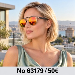 Γυναικεία γυαλιά ηλίου 63179 με πορτοκαλί καθρέφτη — μοντέλο σε βεράντα