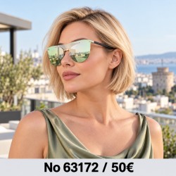 Γυναικεία γυαλιά ηλίου 63172 με απαλούς πράσινους πολωτικούς φακούς καθρέφτη — φορεμένα από μοντέλο, λήψη 3