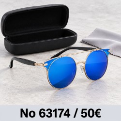 Γυναικεία γυαλιά ηλίου 63174 με χρυσαφί σκελετό και μπλε φακούς καθρέφτη — γυαλιά με θήκη και πανάκι
