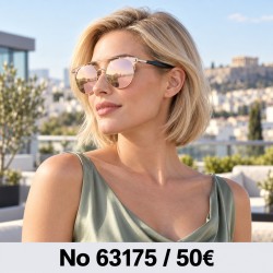 Γυναικεία γυαλιά ηλίου 63175 με χρυσαφί σκελετό και απαλούς ροζ φακούς καθρέφτη — φορεμένα από μοντέλο, λήψη 3