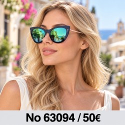 Γυαλιά ηλίου 63094 Cat Eye Μαύρα με Πράσινο Καθρέφτη — φορεμένα από μοντέλο, λήψη 1