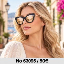 Γυαλιά ηλίου 63095 Cat Eye Μαύρα με Χρυσό Καθρέφτη — φορεμένα από μοντέλο, λήψη 1
