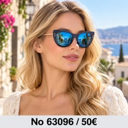 Γυαλιά ηλίου 63096 Cat Eye Μαύρα με Μπλε Καθρέφτη — φορεμένα από μοντέλο, λήψη 1