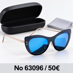 Γυαλιά ηλίου 63096 Cat Eye Μαύρα με Μπλε Καθρέφτη — με θήκη και πανάκι