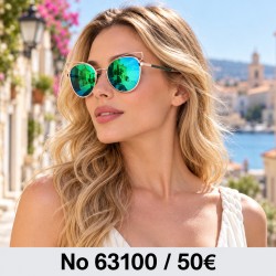 Γυαλιά ηλίου 63100 Στρογγυλά Ροζ Χρυσά με Πράσινο Καθρέφτη — φορεμένα από μοντέλο, λήψη 1