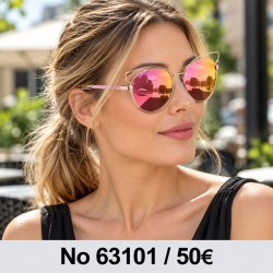 Γυαλιά ηλίου 63101 Στρογγυλά Ροζ Χρυσά με Ροζ Καθρέφτη — φορεμένα από μοντέλο, λήψη 2