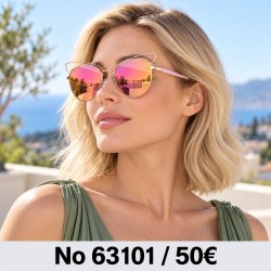 Γυαλιά ηλίου 63101 Στρογγυλά Ροζ Χρυσά με Ροζ Καθρέφτη — φορεμένα από μοντέλο, λήψη 3