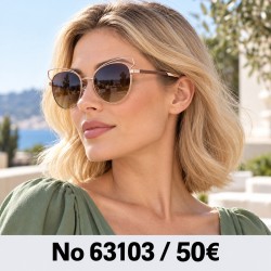 Γυαλιά ηλίου 63103 Στρογγυλά Ροζ Χρυσά με Καφέ Φακούς — φορεμένα από μοντέλο, λήψη 3