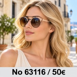 Γυαλιά ηλίου 63116 Στρογγυλά Χρυσαφί με Καφέ Φακούς — φορεμένα από μοντέλο, λήψη 1