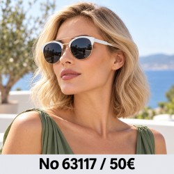 Γυαλιά ηλίου 63117 Στρογγυλά Λευκά με Σκούρους Φακούς — φορεμένα από μοντέλο, λήψη 3